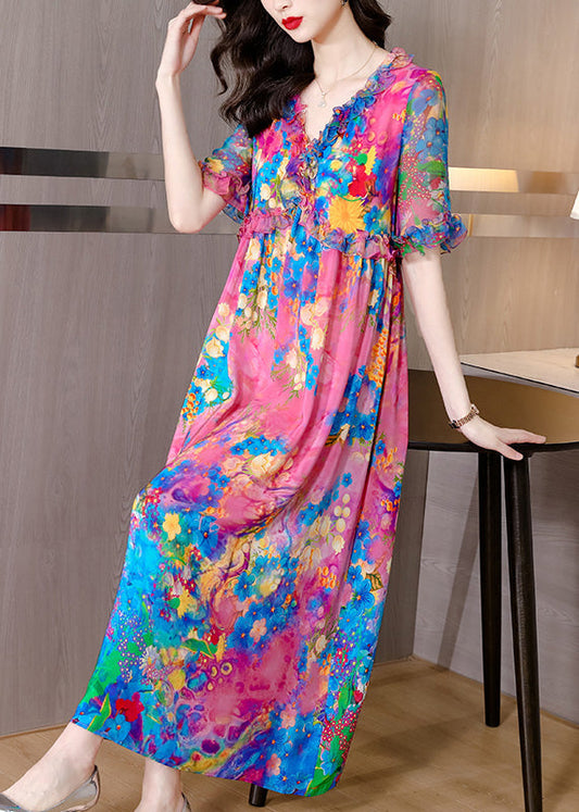 Natural V Neck Ruffled Print Silk Holiday Maxi Dress Short Sleeve LY1762 - fabuloryshop