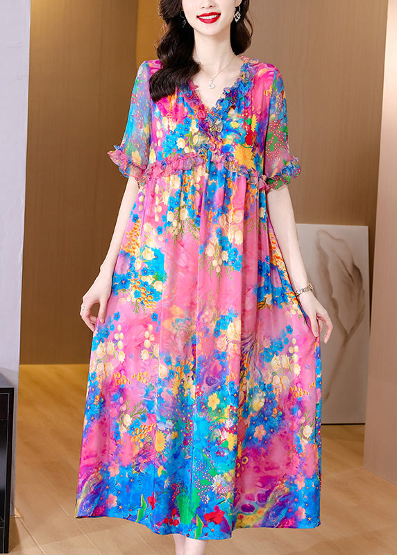 Natural V Neck Ruffled Print Silk Holiday Maxi Dress Short Sleeve LY1762 - fabuloryshop