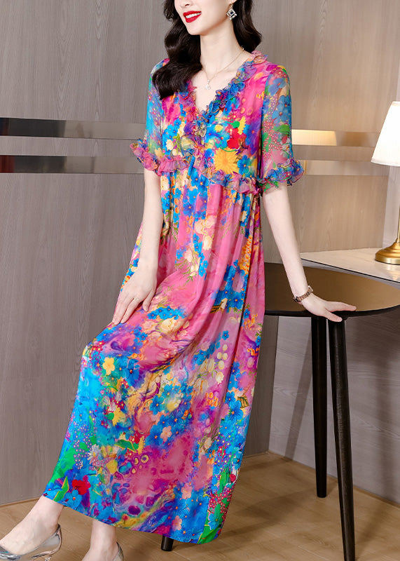 Natural V Neck Ruffled Print Silk Holiday Maxi Dress Short Sleeve LY1762 - fabuloryshop