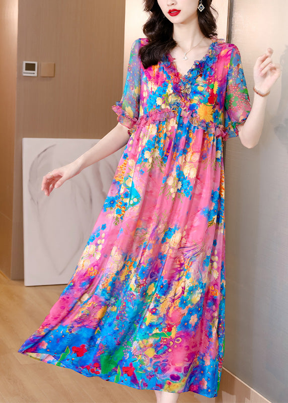 Natural V Neck Ruffled Print Silk Holiday Maxi Dress Short Sleeve LY1762 - fabuloryshop