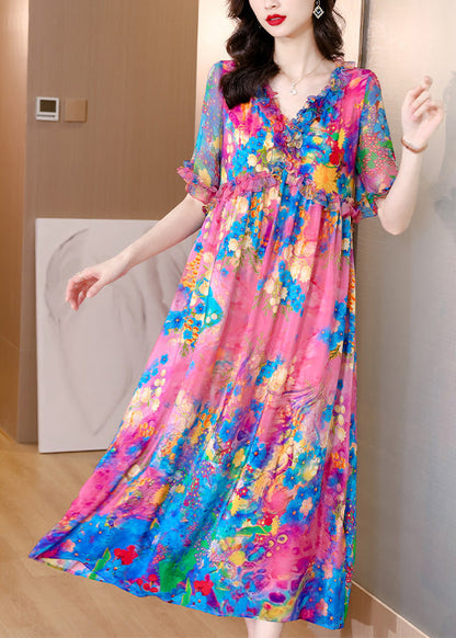 Natural V Neck Ruffled Print Silk Holiday Maxi Dress Short Sleeve LY1762 - fabuloryshop