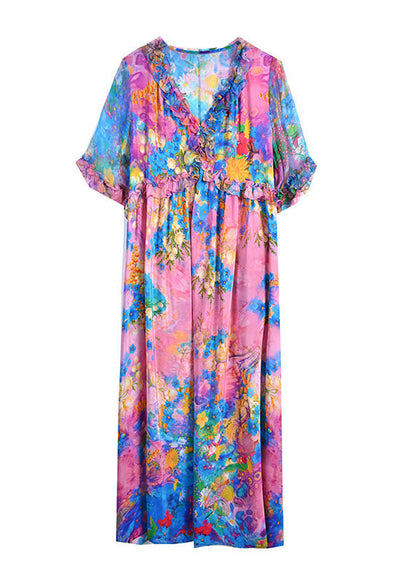 Natural V Neck Ruffled Print Silk Holiday Maxi Dress Short Sleeve LY1762 - fabuloryshop