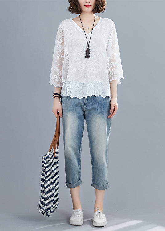 Natural White Embroideried Oversized Cotton Shirts Batwing Sleeve LY7342 Ada Fashion