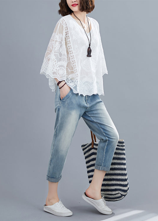 Natural White Embroideried Oversized Cotton Shirts Batwing Sleeve LY7342 Ada Fashion