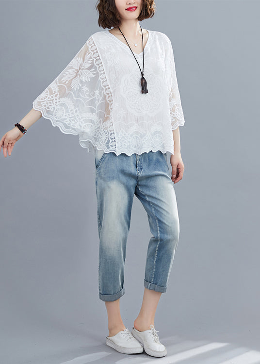 Natural White Embroideried Oversized Cotton Shirts Batwing Sleeve LY7342 Ada Fashion