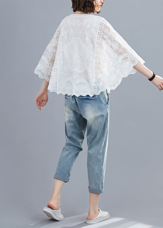 Natural White Embroideried Oversized Cotton Shirts Batwing Sleeve LY7342 Ada Fashion