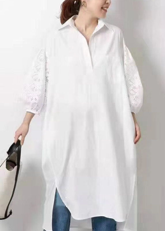 Natural White Lace Patchwork Cotton Shirts Dress Half Sleeve LY2081 - fabuloryshop