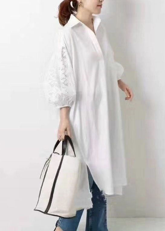 Natural White Lace Patchwork Cotton Shirts Dress Half Sleeve LY2081 - fabuloryshop