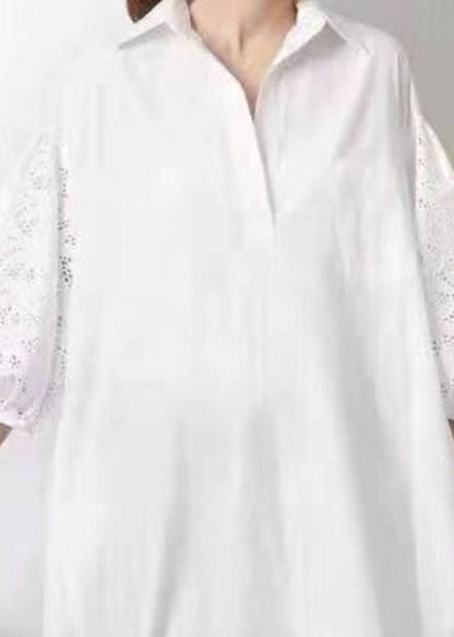 Natural White Lace Patchwork Cotton Shirts Dress Half Sleeve LY2081 - fabuloryshop