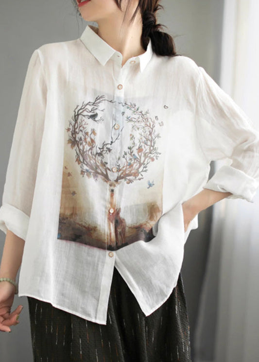 Natural White Peter Pan Collar Button Ramie Tops Spring LY5023 - fabuloryshop