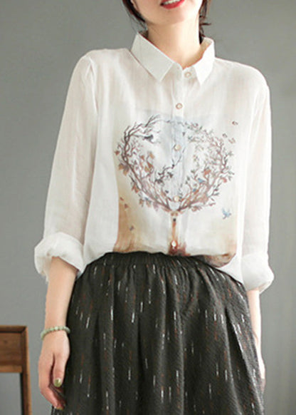 Natural White Peter Pan Collar Button Ramie Tops Spring LY5023 - fabuloryshop