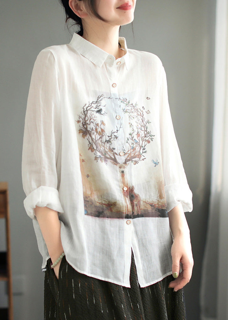 Natural White Peter Pan Collar Button Ramie Tops Spring LY5023 - fabuloryshop