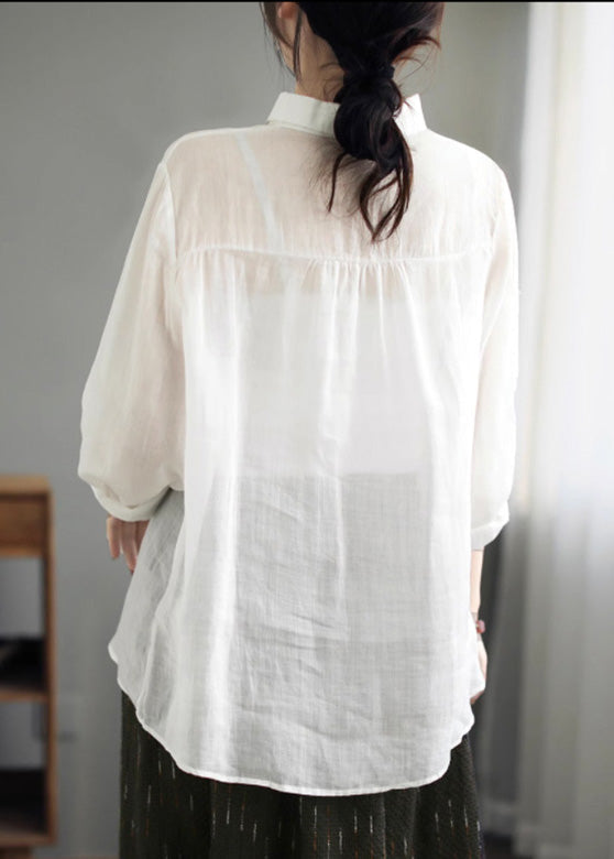 Natural White Peter Pan Collar Button Ramie Tops Spring LY5023 - fabuloryshop