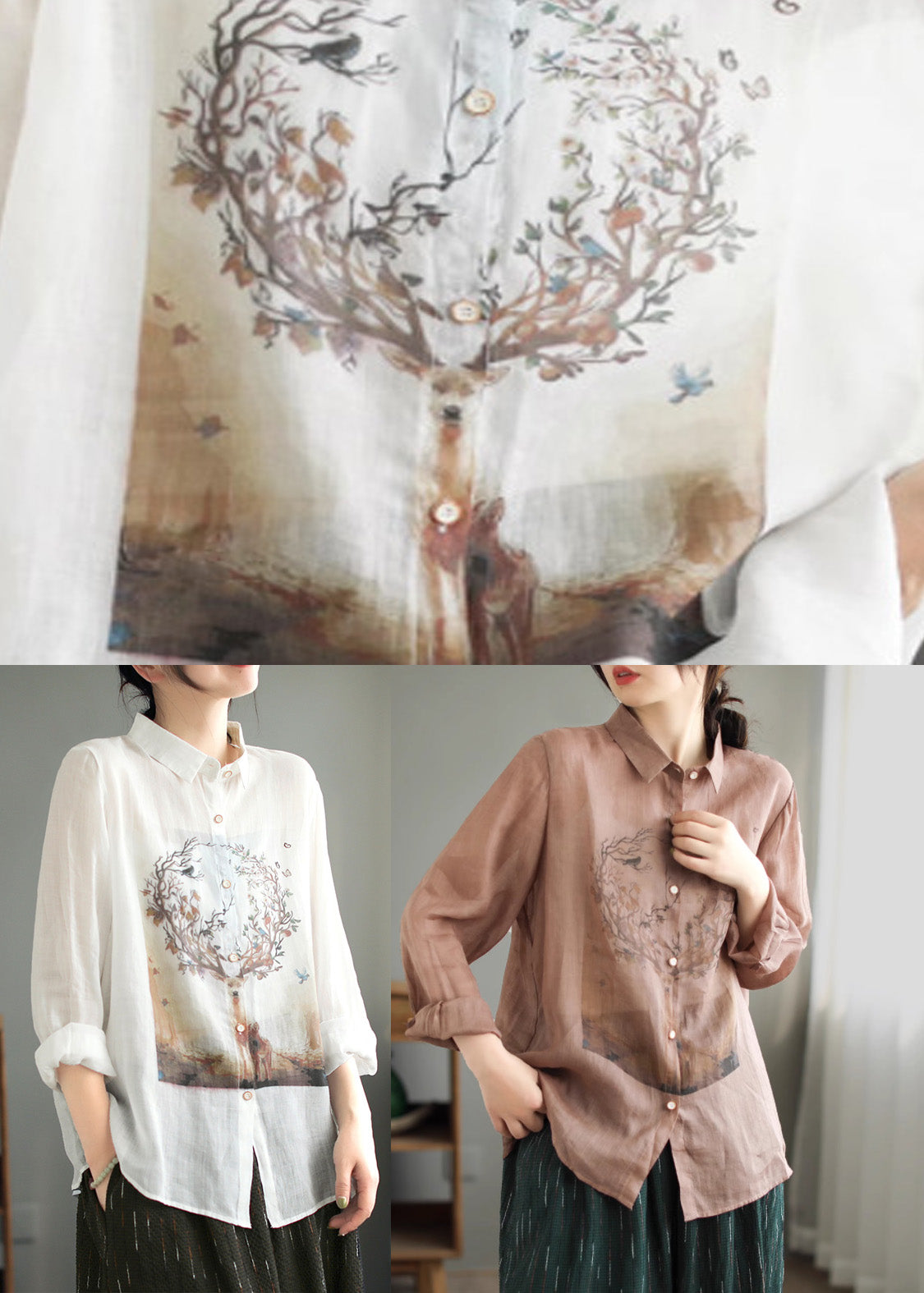 Natural White Peter Pan Collar Button Ramie Tops Spring LY5023 - fabuloryshop