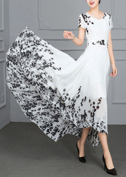 Natural White V Neck Print High Waist Chiffon Long Beach Dress Summer LY1789 - fabuloryshop