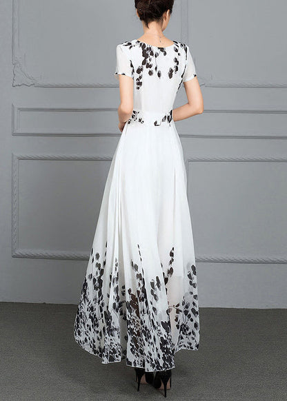 Natural White V Neck Print High Waist Chiffon Long Beach Dress Summer LY1789 - fabuloryshop