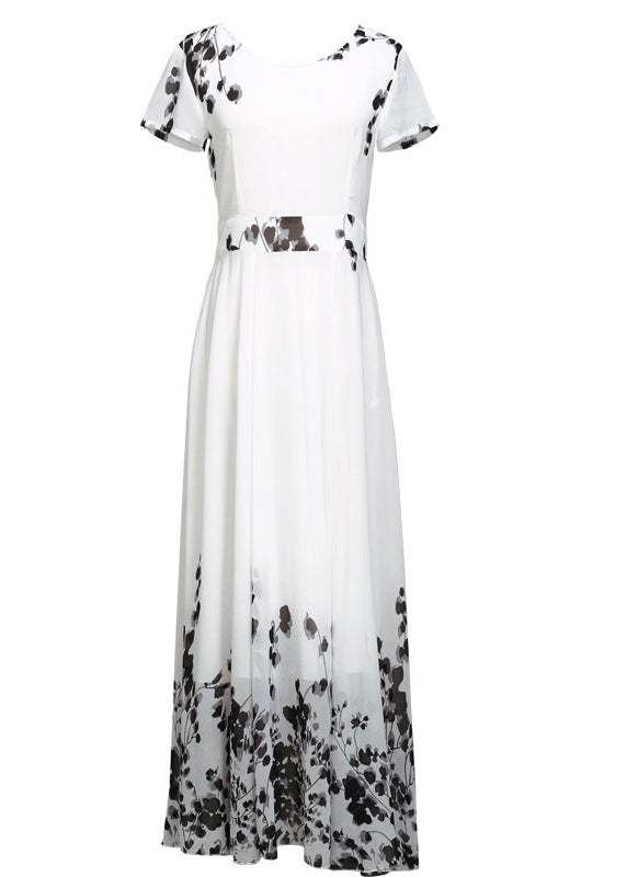 Natural White V Neck Print High Waist Chiffon Long Beach Dress Summer LY1789 - fabuloryshop