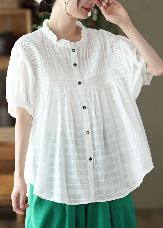 Natural White Wrinkled Button Patchwork Cotton Blouses Summer LY6190 - fabuloryshop