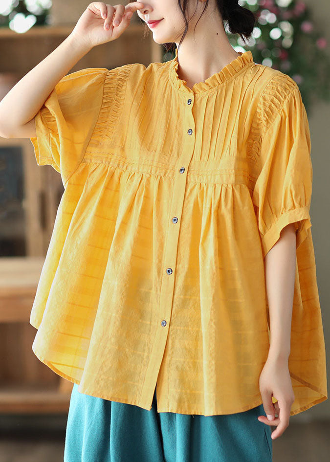 Natural White Wrinkled Button Patchwork Cotton Blouses Summer LY6190 - fabuloryshop