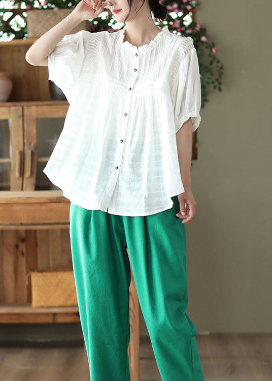 Natural White Wrinkled Button Patchwork Cotton Blouses Summer LY6190 - fabuloryshop