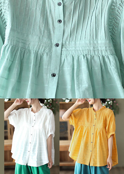 Natural White Wrinkled Button Patchwork Cotton Blouses Summer LY6190 - fabuloryshop