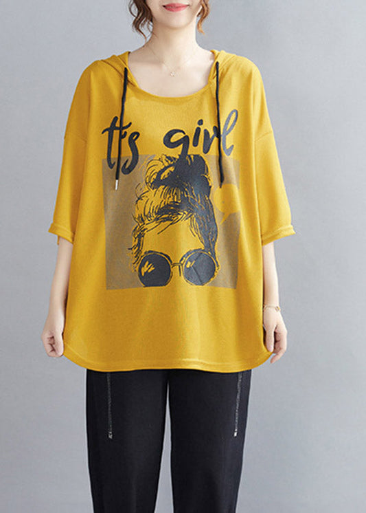 Natural Yellow Print Cotton Hooded Top Half Sleeve LY3934 - fabuloryshop