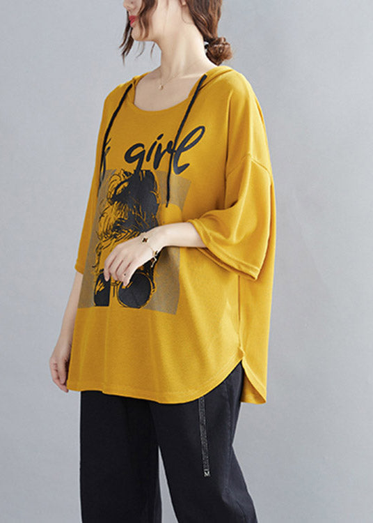 Natural Yellow Print Cotton Hooded Top Half Sleeve LY3934 - fabuloryshop