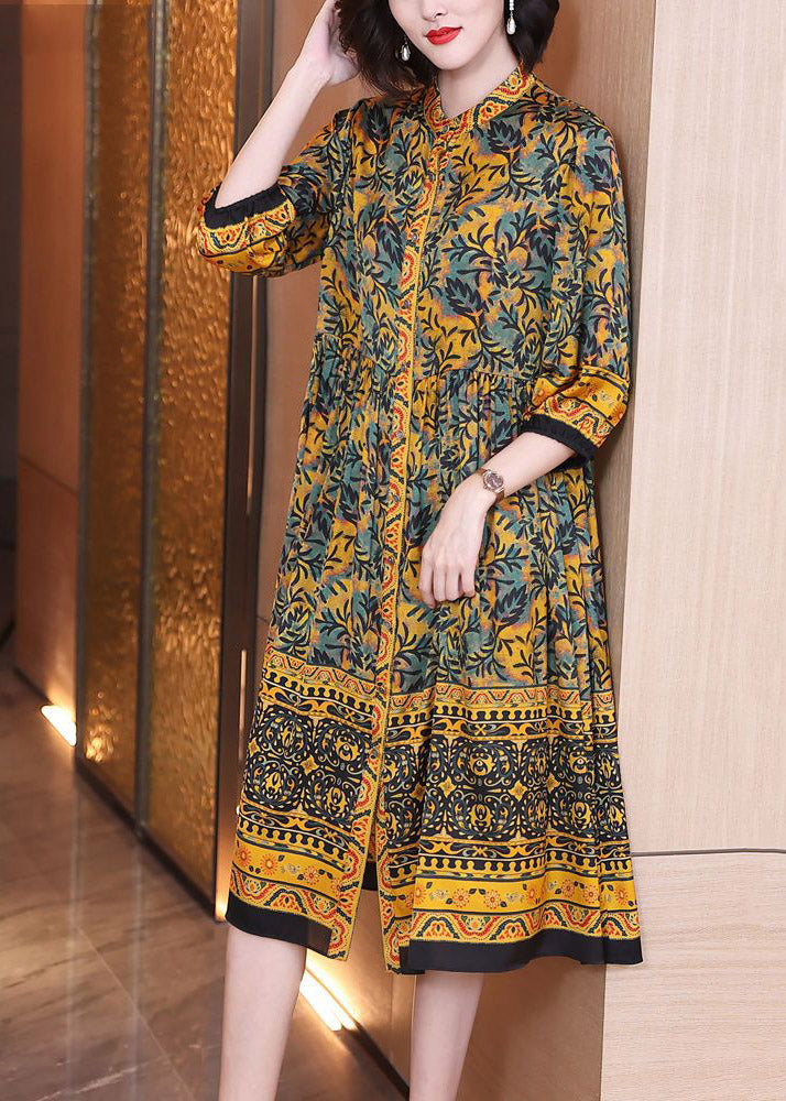 Natural Yellow Stand Collar Print Button Silk Maxi Shirts Dress Spring LY3737 - fabuloryshop