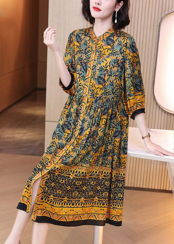 Natural Yellow Stand Collar Print Button Silk Maxi Shirts Dress Spring LY3737 - fabuloryshop