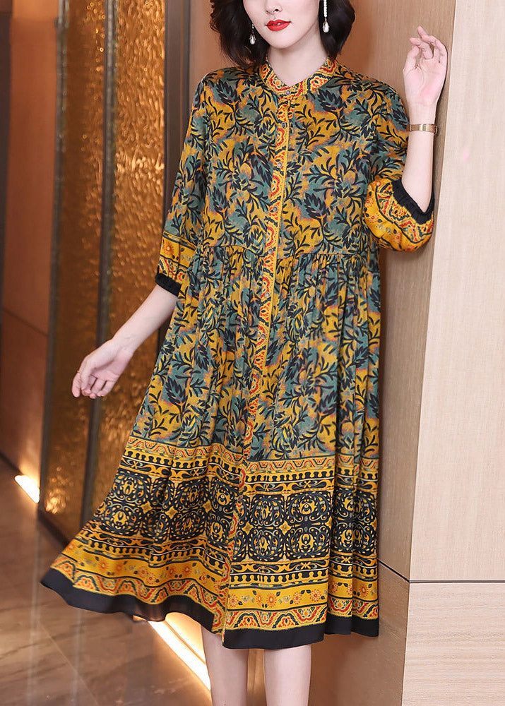 Natural Yellow Stand Collar Print Button Silk Maxi Shirts Dress Spring LY3737 - fabuloryshop