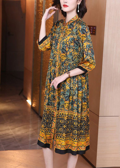 Natural Yellow Stand Collar Print Button Silk Maxi Shirts Dress Spring LY3737 - fabuloryshop