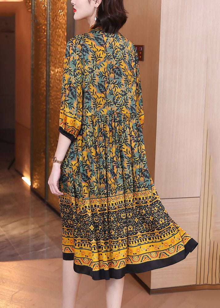 Natural Yellow Stand Collar Print Button Silk Maxi Shirts Dress Spring LY3737 - fabuloryshop