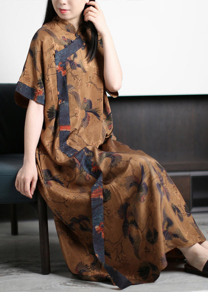 Natural Yellow Stand Collar Print Button Vacation Silk Maxi Dresses Short Sleeve LY5124 - fabuloryshop