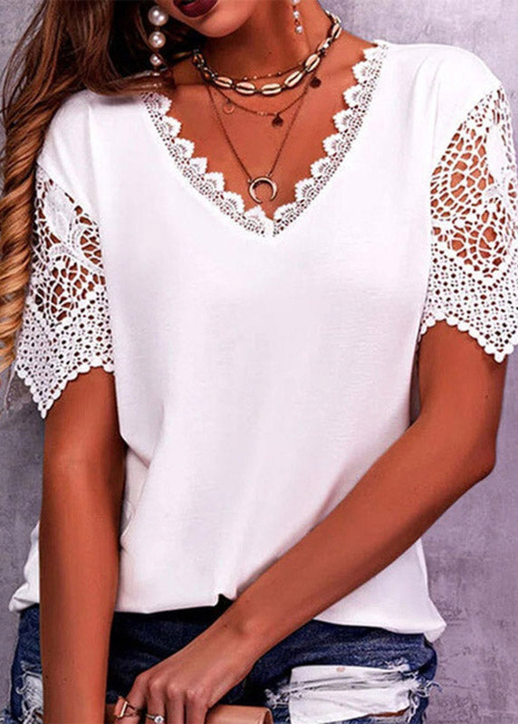 Natural Yellow V Neck Lace Patchwork Tops Summer LY3874 - fabuloryshop