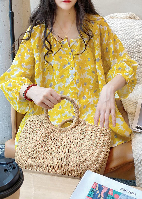 Natural Yellow V Neck Print Button Cotton Top Bracelet Sleeve LY2908 - fabuloryshop