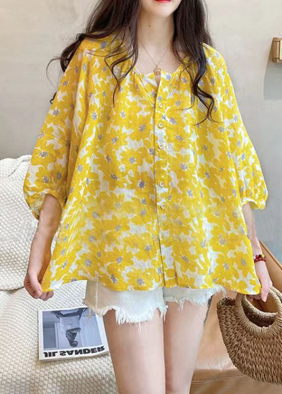 Natural Yellow V Neck Print Button Cotton Top Bracelet Sleeve LY2908 - fabuloryshop