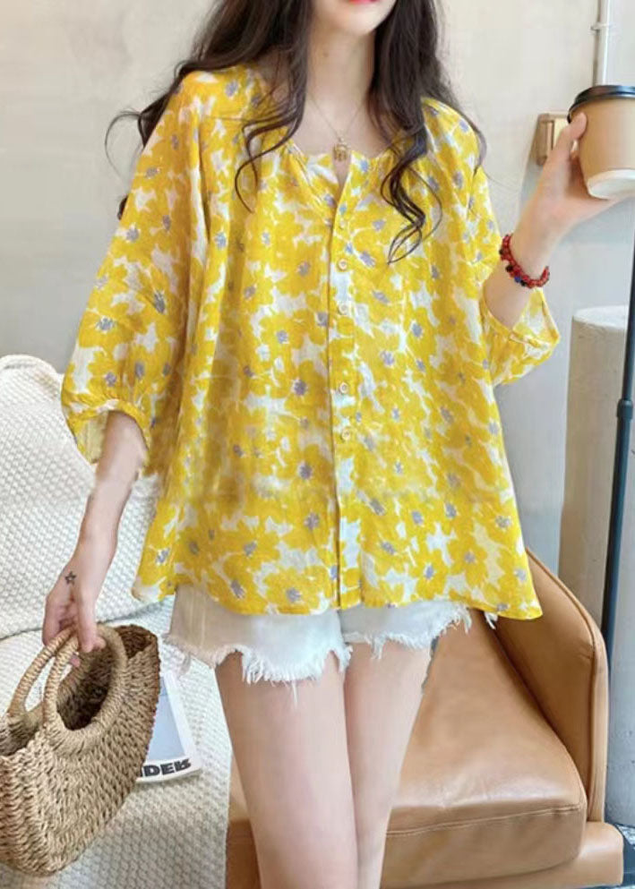 Natural Yellow V Neck Print Button Cotton Top Bracelet Sleeve LY2908