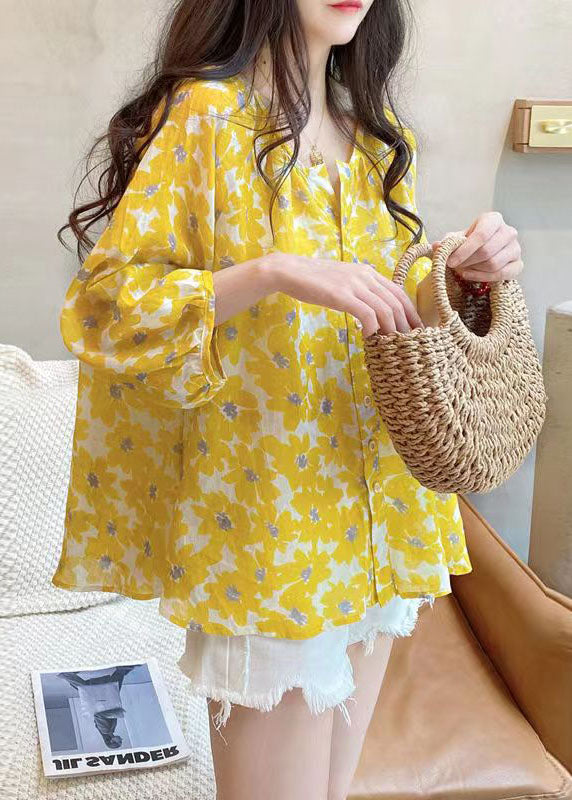 Natural Yellow V Neck Print Button Cotton Top Bracelet Sleeve LY2908 - fabuloryshop