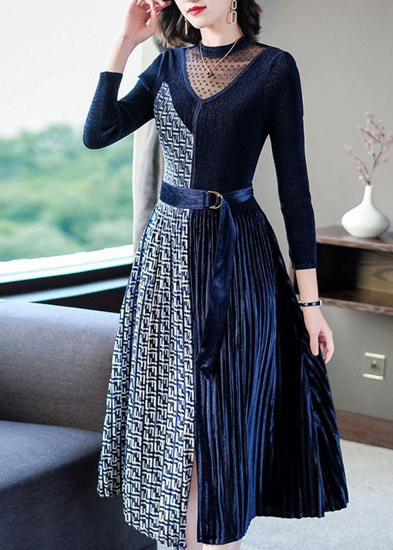 Navy Asymmetrical Design Silk Velour Long Dress Hollow Out Spring LC0082 - fabuloryshop