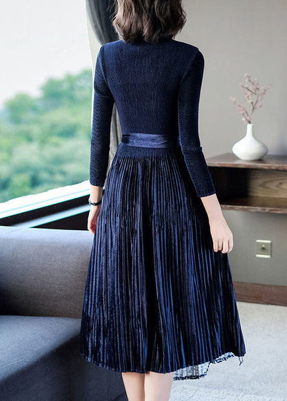 Navy Asymmetrical Design Silk Velour Long Dress Hollow Out Spring LC0082 - fabuloryshop