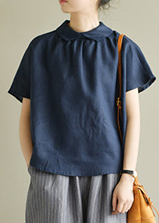 Navy Blue Cozy Solid Linen Shirt Short Sleeve LY4509 - fabuloryshop