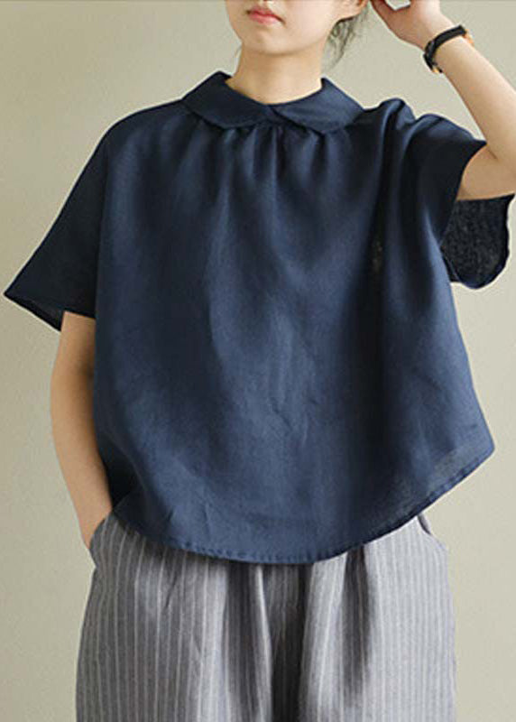 Navy Blue Cozy Solid Linen Shirt Short Sleeve LY4509 - fabuloryshop