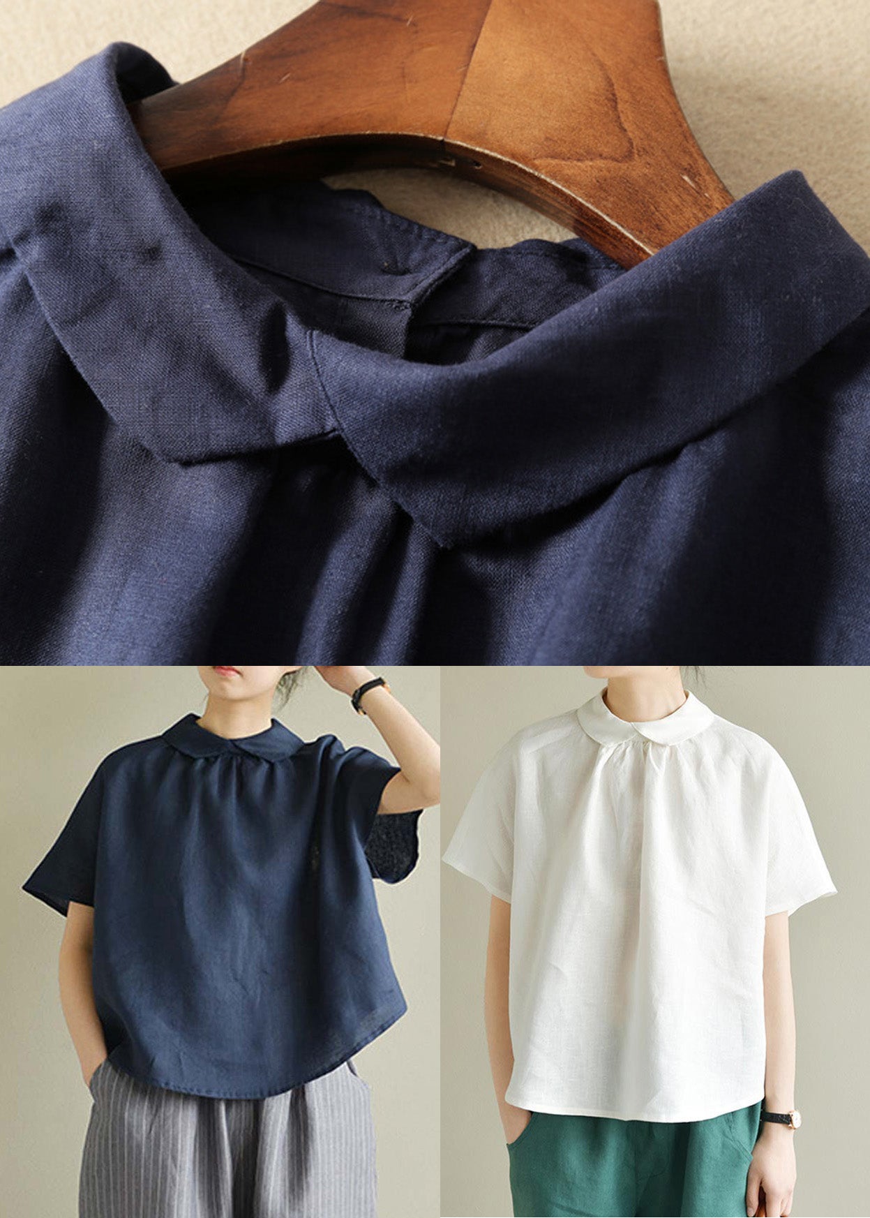 Navy Blue Cozy Solid Linen Shirt Short Sleeve LY4509 - fabuloryshop