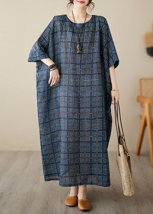 Navy Blue O-Neck Plaid Maxi Dress Short Sleeve LY4971 - fabuloryshop