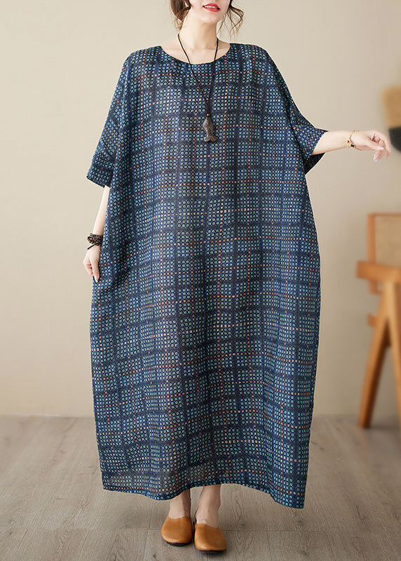 Navy Blue O-Neck Plaid Maxi Dress Short Sleeve LY4971 - fabuloryshop