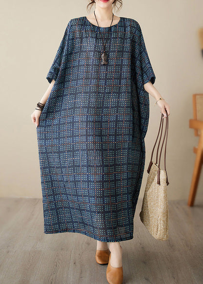 Navy Blue O-Neck Plaid Maxi Dress Short Sleeve LY4971 - fabuloryshop