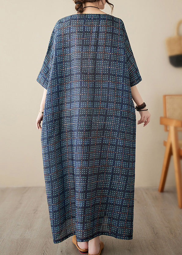 Navy Blue O-Neck Plaid Maxi Dress Short Sleeve LY4971 - fabuloryshop