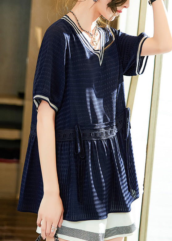 Navy Blue Patchwork Wrinkled Tie Waist Tops Summer LY6217 - fabuloryshop