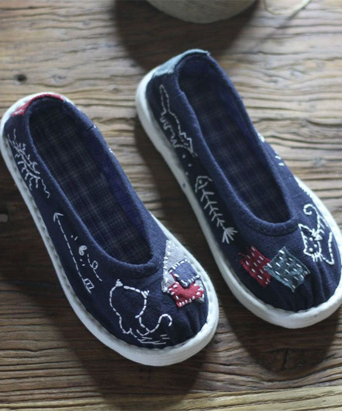 Navy Flat Feet Shoes Cotton Fabric Comfortable Splicing Cartoon Embroidery LY4354 - fabuloryshop