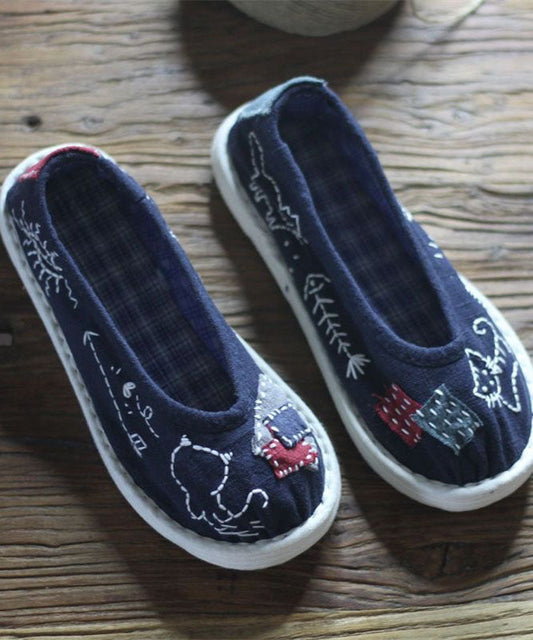 Navy Flat Feet Shoes Cotton Fabric Comfortable Splicing Cartoon Embroidery LY4354 - fabuloryshop